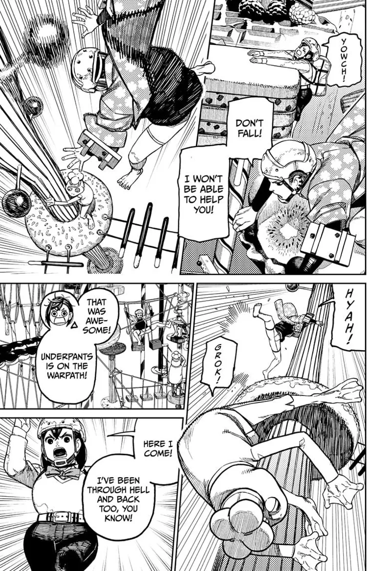 Momo struggles to climb a platform. Zuma tells her not to fall. Zuma jumps and kicks the frog at the platform.