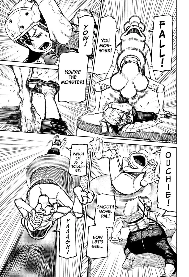 A frog stands before Momo, who is lying near the edge. She kicks the frog's leg and pushes him down.