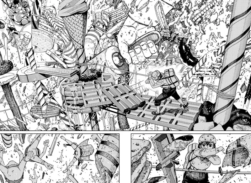 Suddenly, a giant hand holding a kitchen roller smashes through the obstacle course and destroys it.