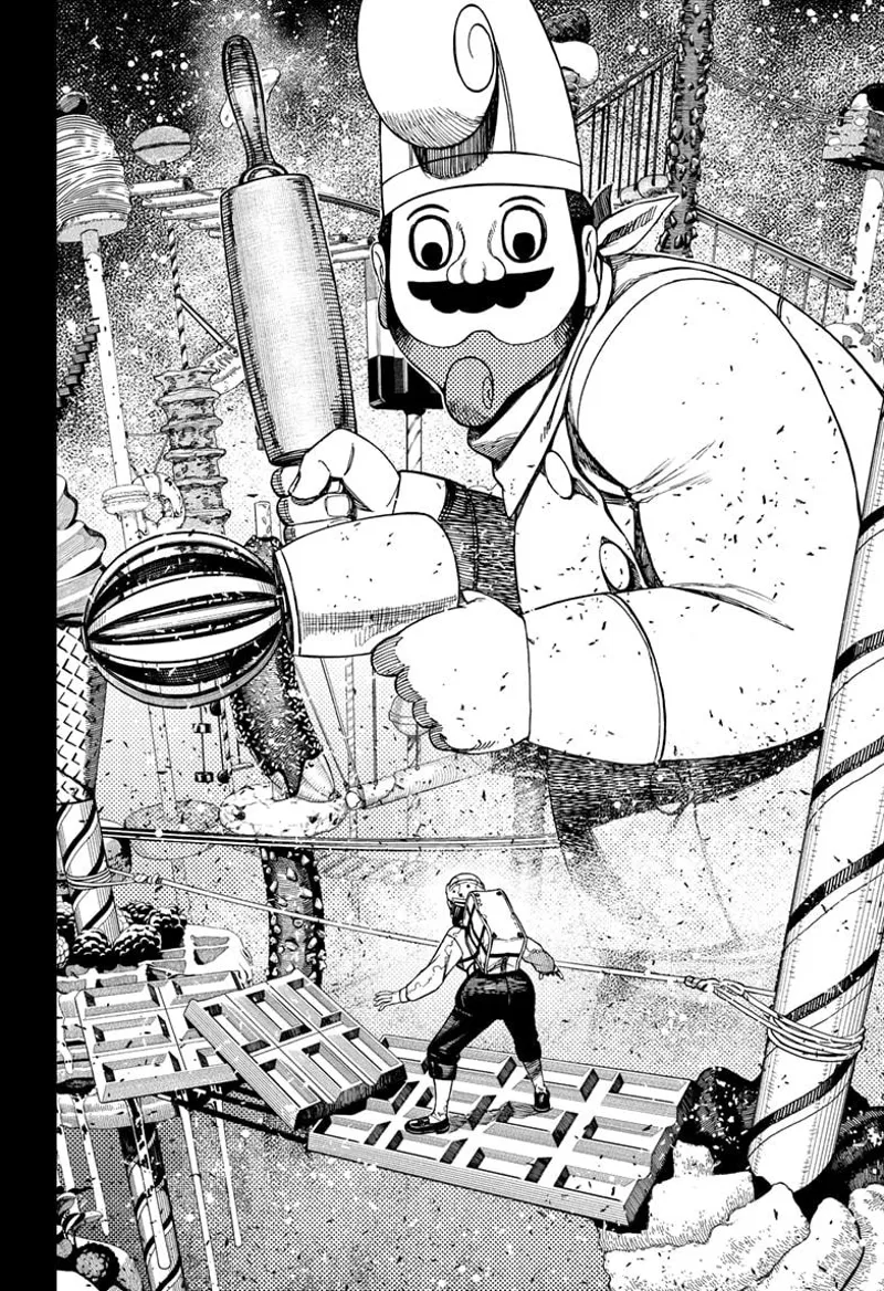 Momo sees a giant chef holding a kitchen roller and hand mixer. The giant looks at her as well.