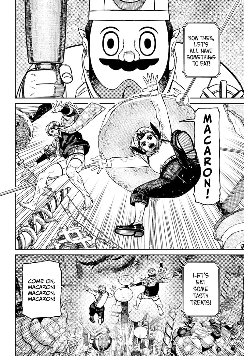 The giant chef prepares his next food. Momo and Zuma chant "Macaron" while jumping down the gold ball.