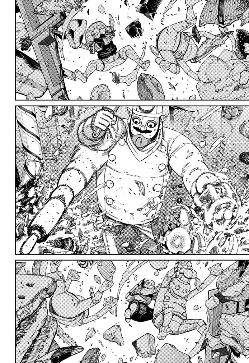 The giant chef starts destroying everything. Momo, Zuma, and the frogs fall.