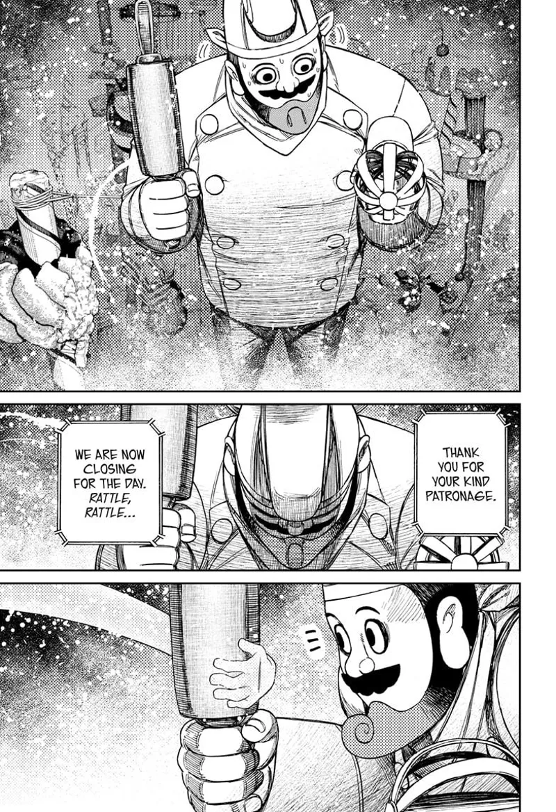 The giant chef bows and thanks everyone for their patronage. He notices an arm stretching to his roller.