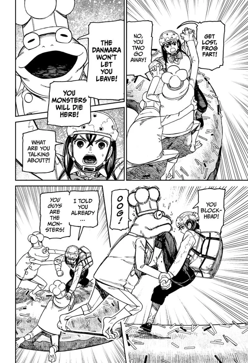 The frog tells Momo they won't be able to leave and will be defeated there. Momo kicks the frog.