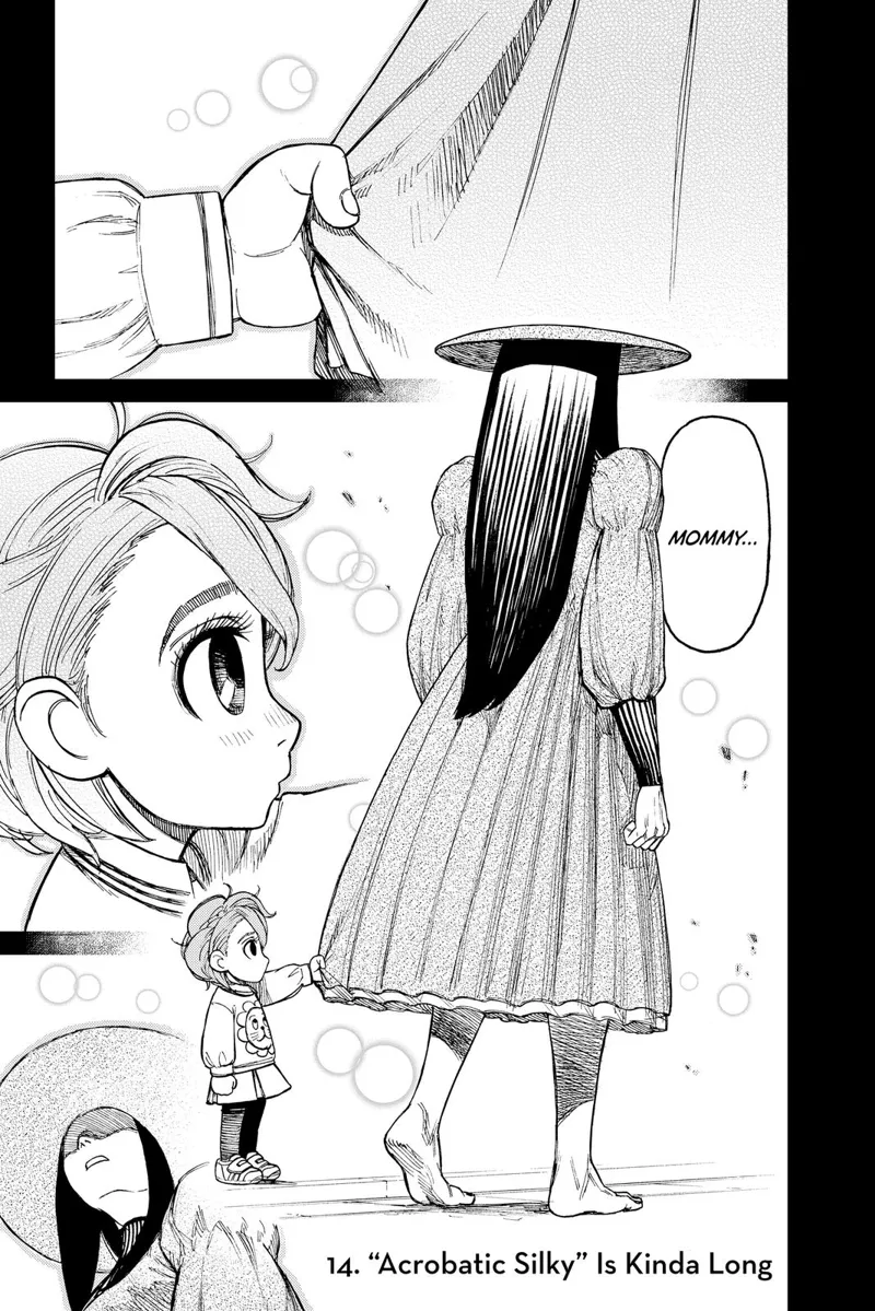 A young Aira grabs the dress of her mother, who has long hair and a weird flat hat.