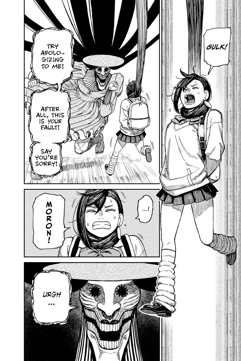 Momo struggles as Acrobatic Silky strangles her neck using her hair.