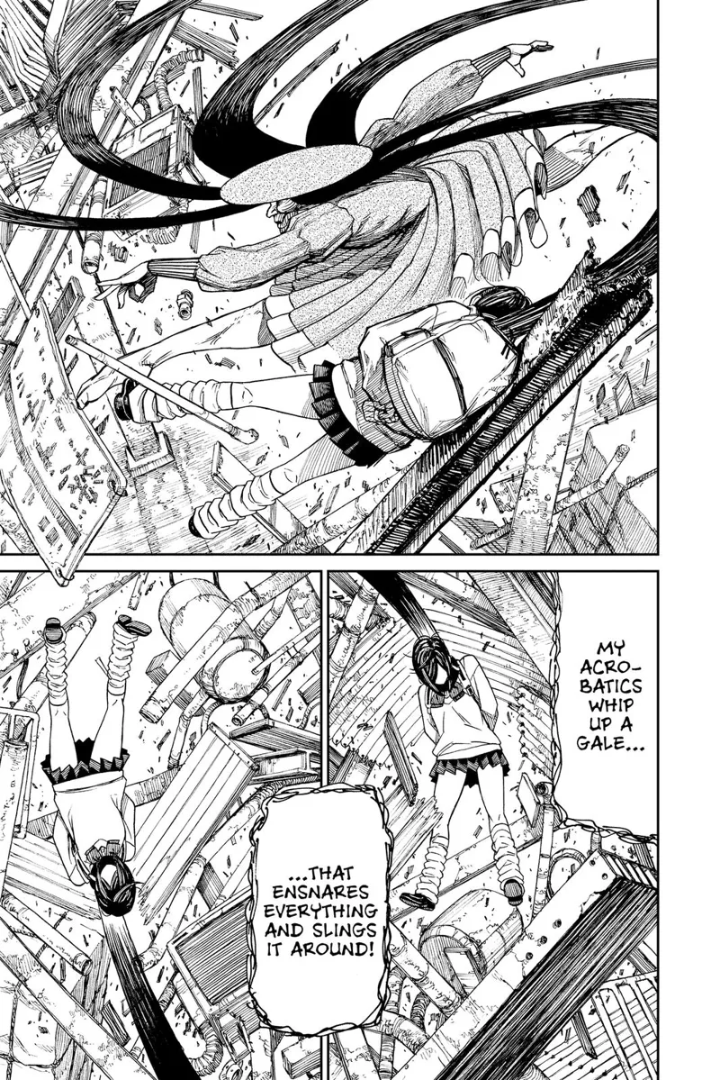 Acrobatic Silky rotates her hair like a whip, hitting Momo with different debris around them.