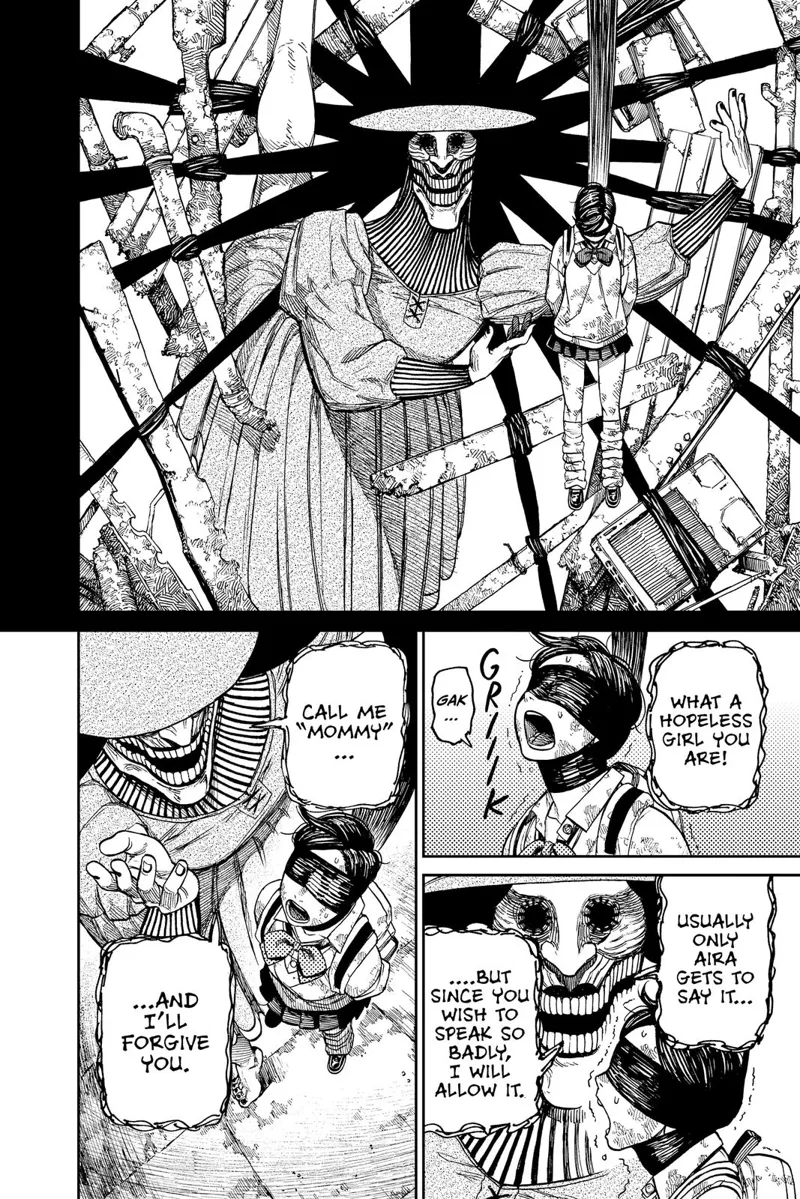 Acrobatic Silky suspends Momo while strangling her neck and covering her eyes. She tells her to call her Mommy.