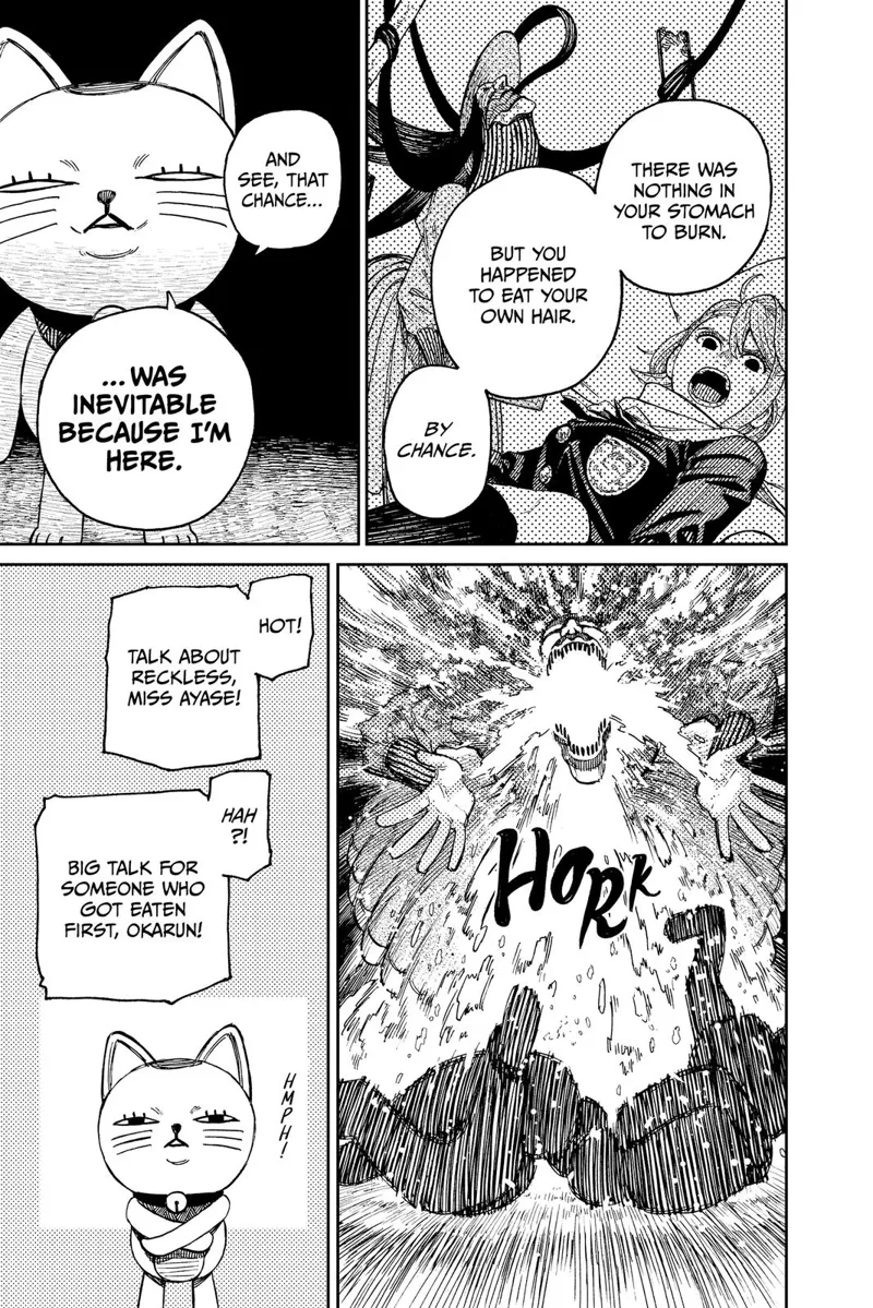 Turbo Granny explains the hair she ate caught fire and spread throughout her body. Acrobatic Silky pukes them out.