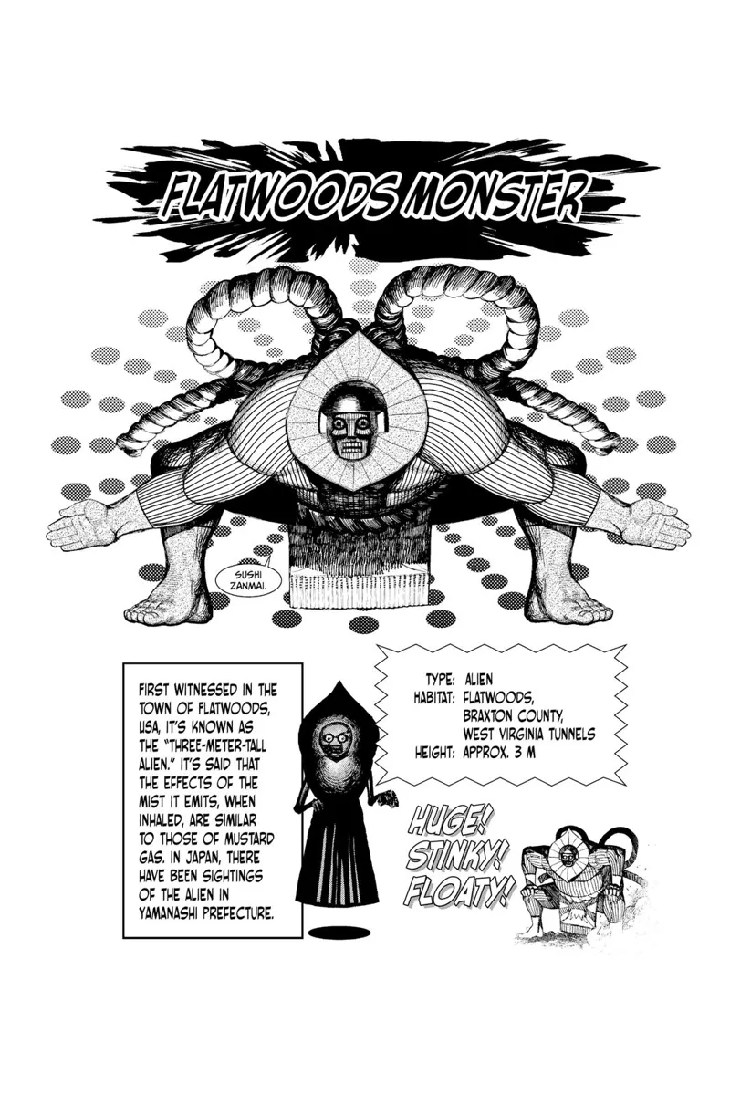 Details about the Flatwoods Monster, a 3-meter tall alien that looks like a sumo wrestler, sighted in West Virginia and Japan.