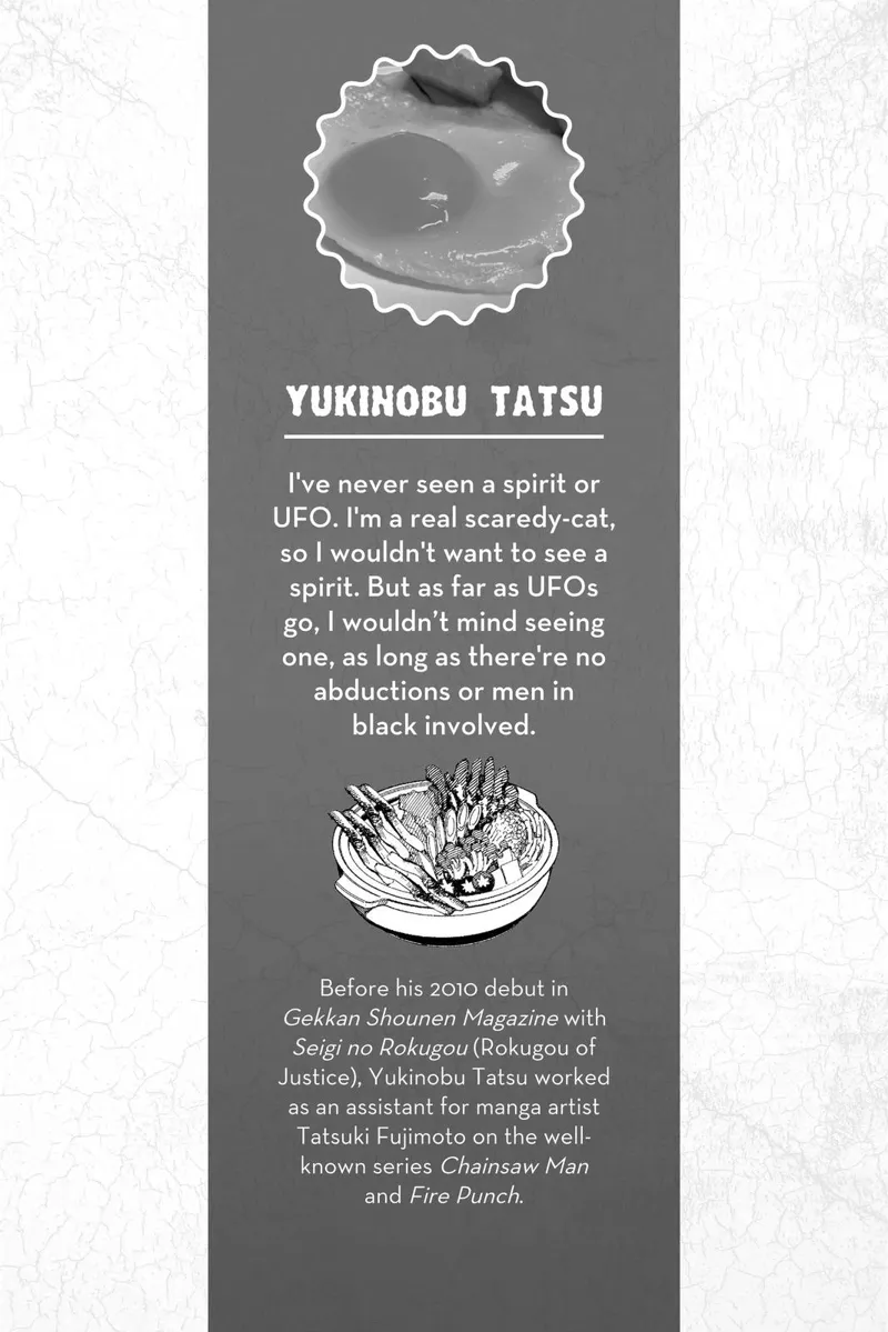 Personal information about Yukinobu Tatsu, the creator of Dandadan, and his confession of not seeing spirits or UFOs.