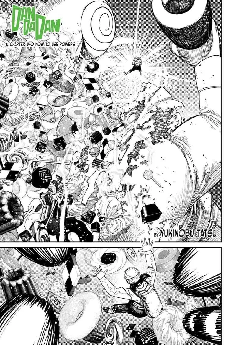 Momo destroys the giant chef, and various desserts fall out of his face. Momo jumps across the falling sweets.