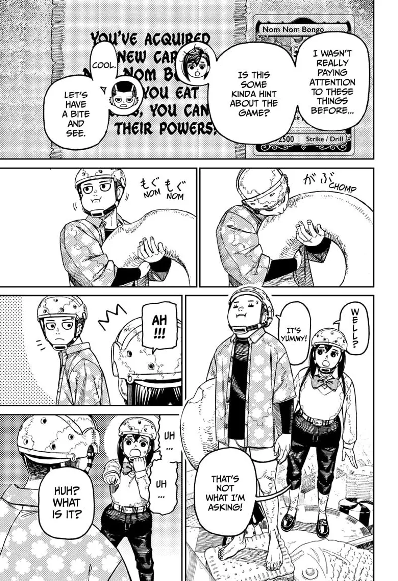 Momo and Zuma analyze the new skill. Zuma eats a new donut and asks for changes to his body. Momo points at something.