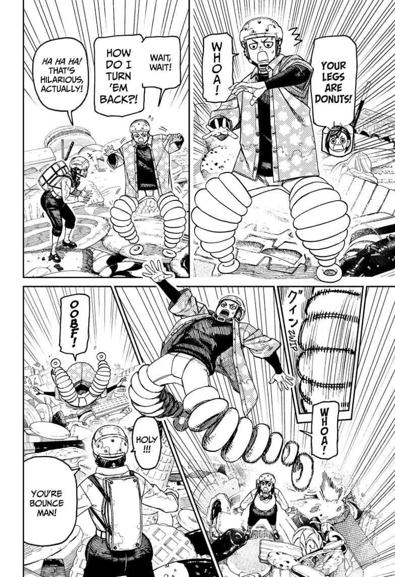 Zuma's feet suddenly become donuts. He jumps at a considerable height and distance. Momo calls him "Bounce Man."