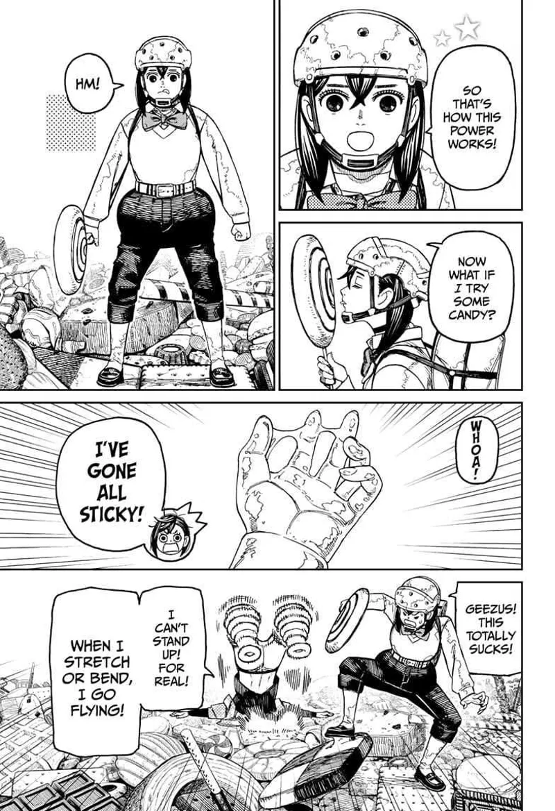 Momo understands their new powers. She licks a piece of candy, and her hands become sticky. Zuma still can't stand up.