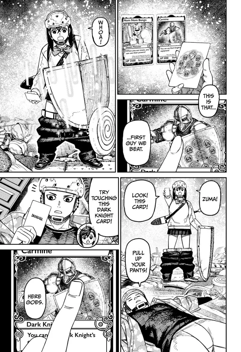 Momo taps the card with the knight's image, and she suddenly has a shield. She tells Zuma to do the same.