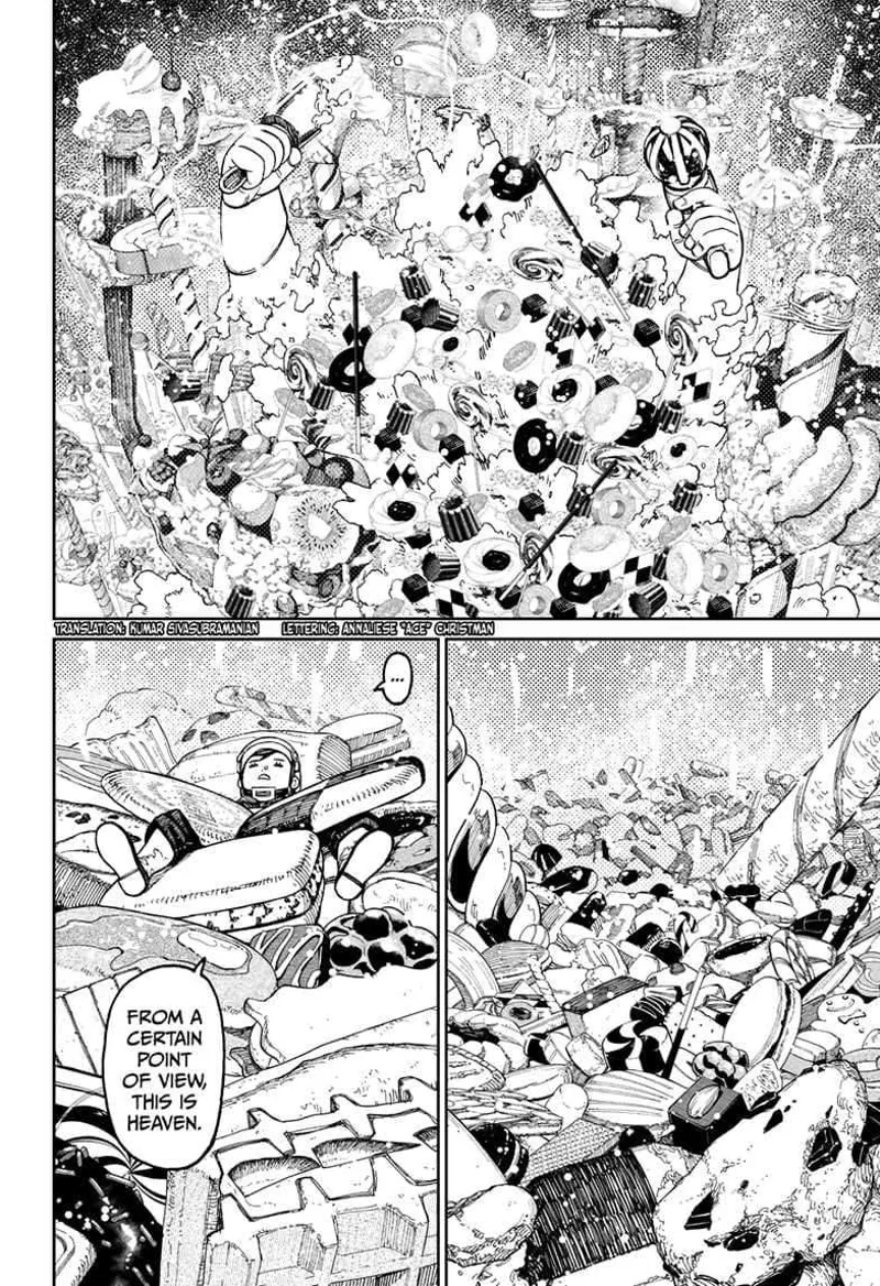 The giant chef's body crumbles, forming into various candies and desserts. Momo lands on the cakes.