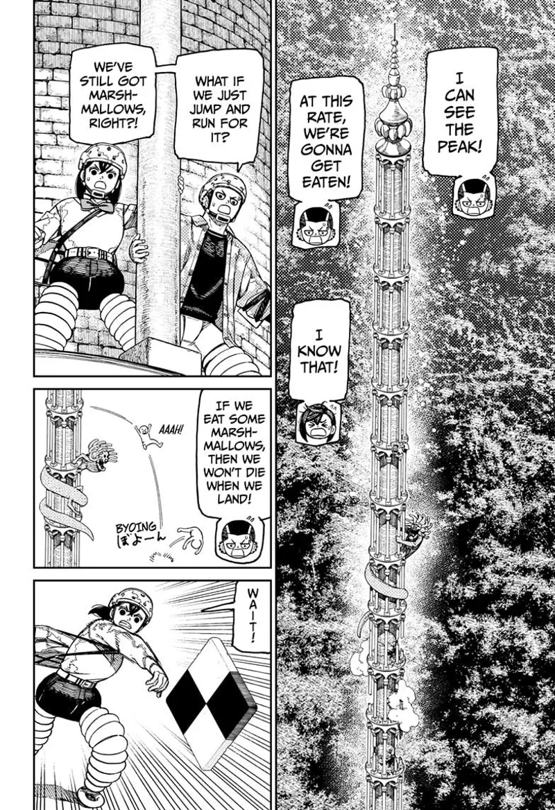 Momo and Zuma see the top of the tower. They plan to jump to escape. Momo throws a square chocolate.