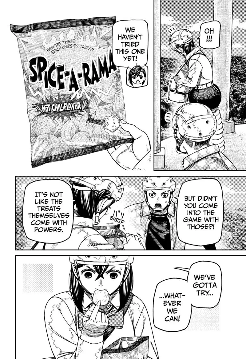 Momo searches her bag and grabs a "Spice-A-Rama" junk food. She tastes a chip.