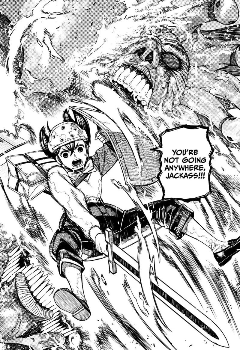 Momo jumps and slashes the snake monster with her sword.