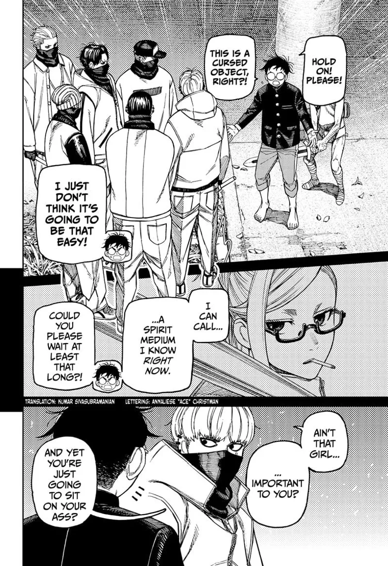 Okarun explains to the thug that he will call a spirit medium to handle the cursed object.