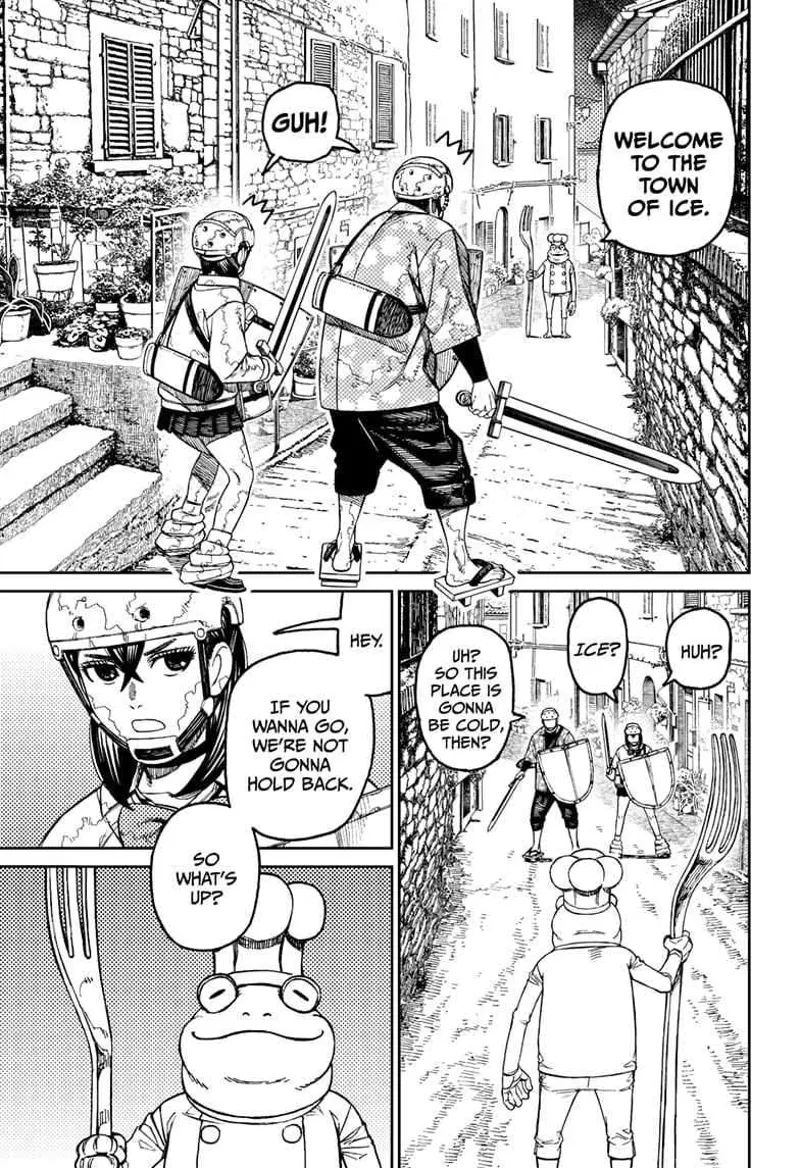 Standing with a fork, the frog suddenly welcomes them to the "Town Of Ice."