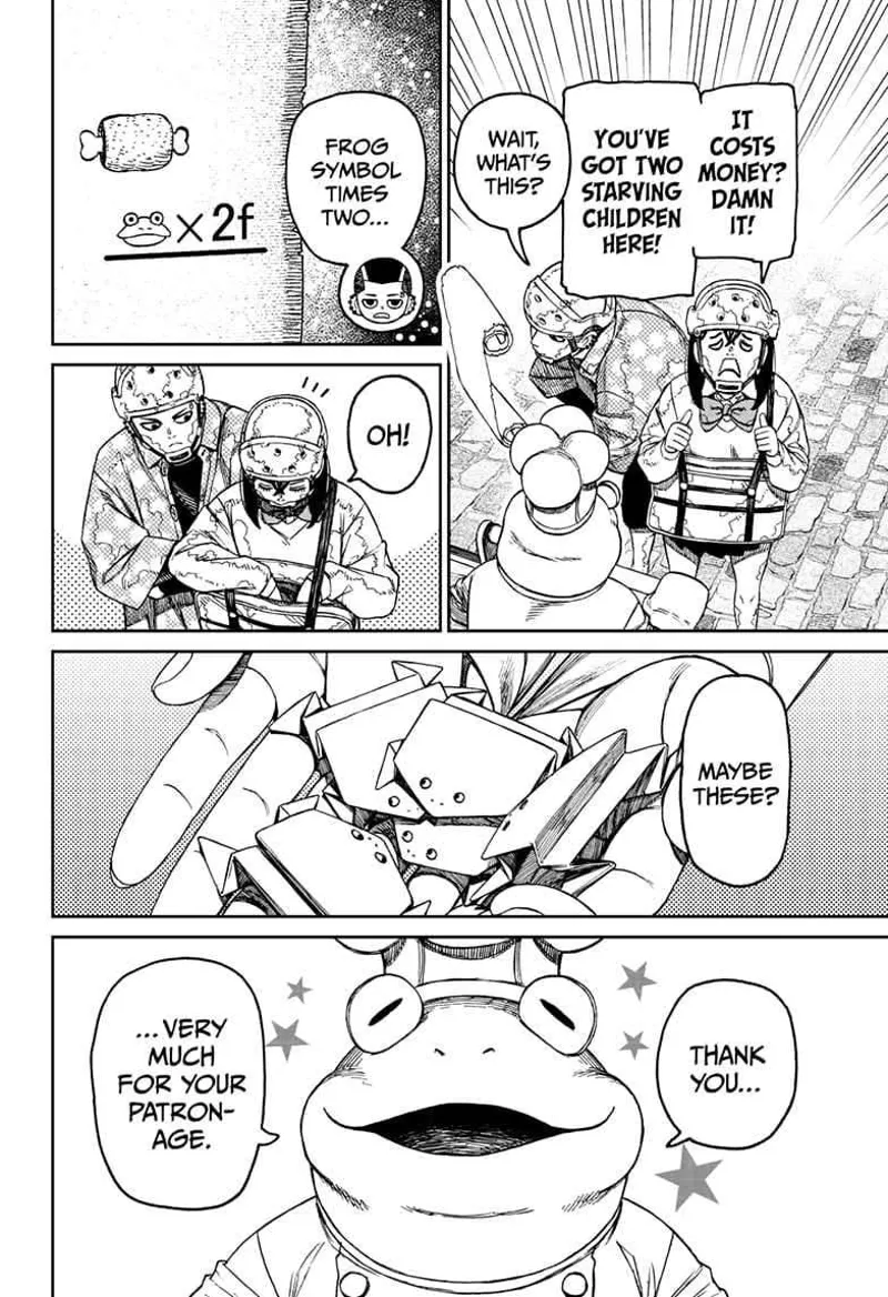 Momo cries after seeing the meat costs money. Zuma realizes the price. Momo gives her small origami frogs as payment.