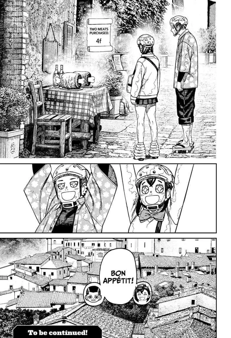 Momo and Zuma stand before a table with two huge pieces of meat. They celebrate and prepare to eat. Bon appetit!