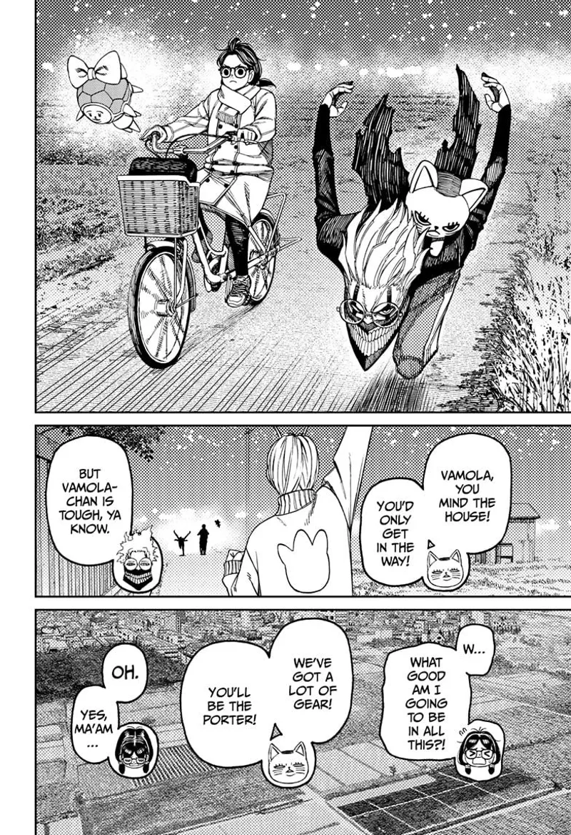 Rin rides a bike while Mai flies near her. Cursed Okarun runs with Turbo Granny behind her. Vamola is left in the house.