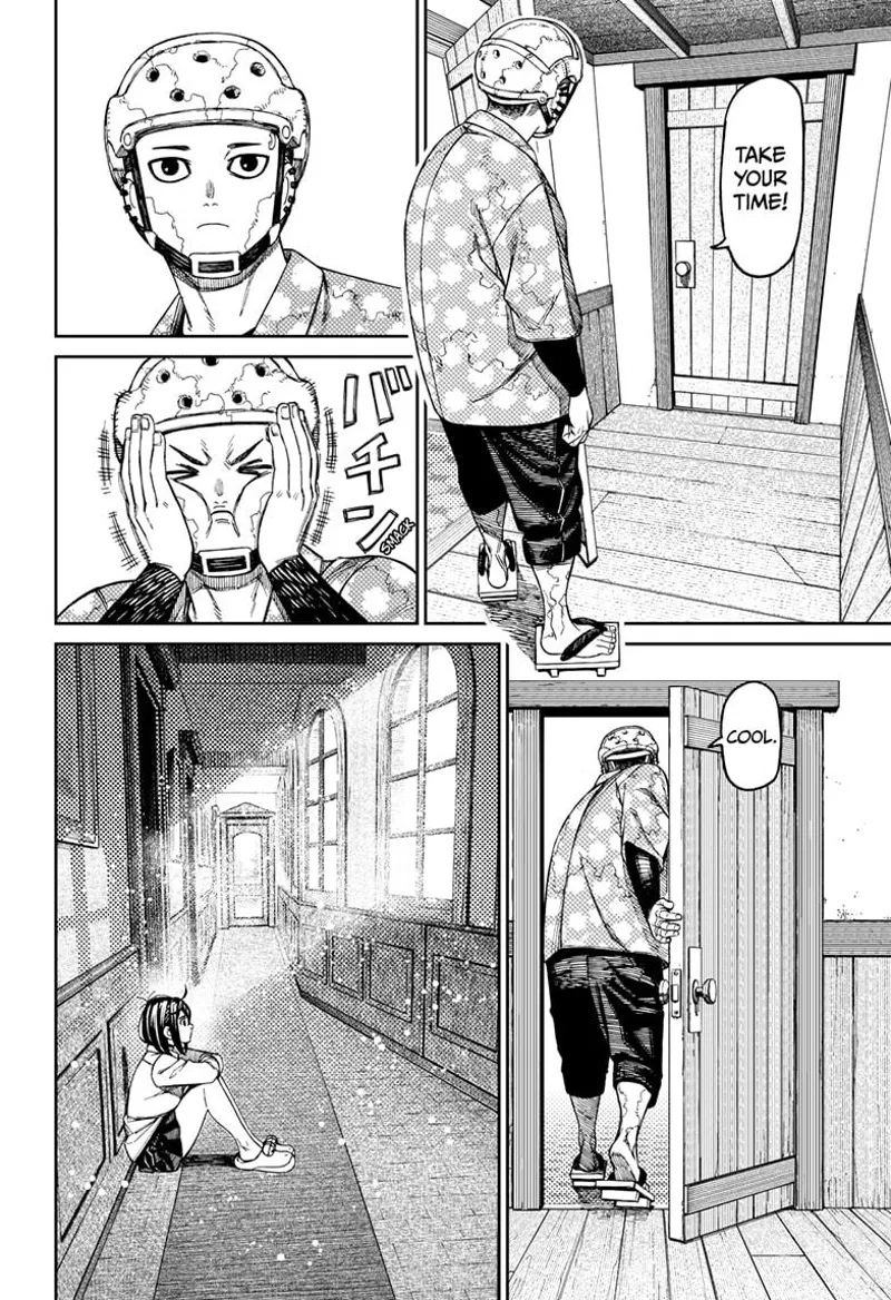 Zuma stares at the door and smacks his face. He opens the door. Momo sits outside the room in the hallway.