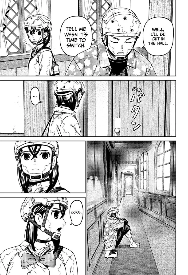 Zuma exits the room and sits outside to guard her while she sleeps.