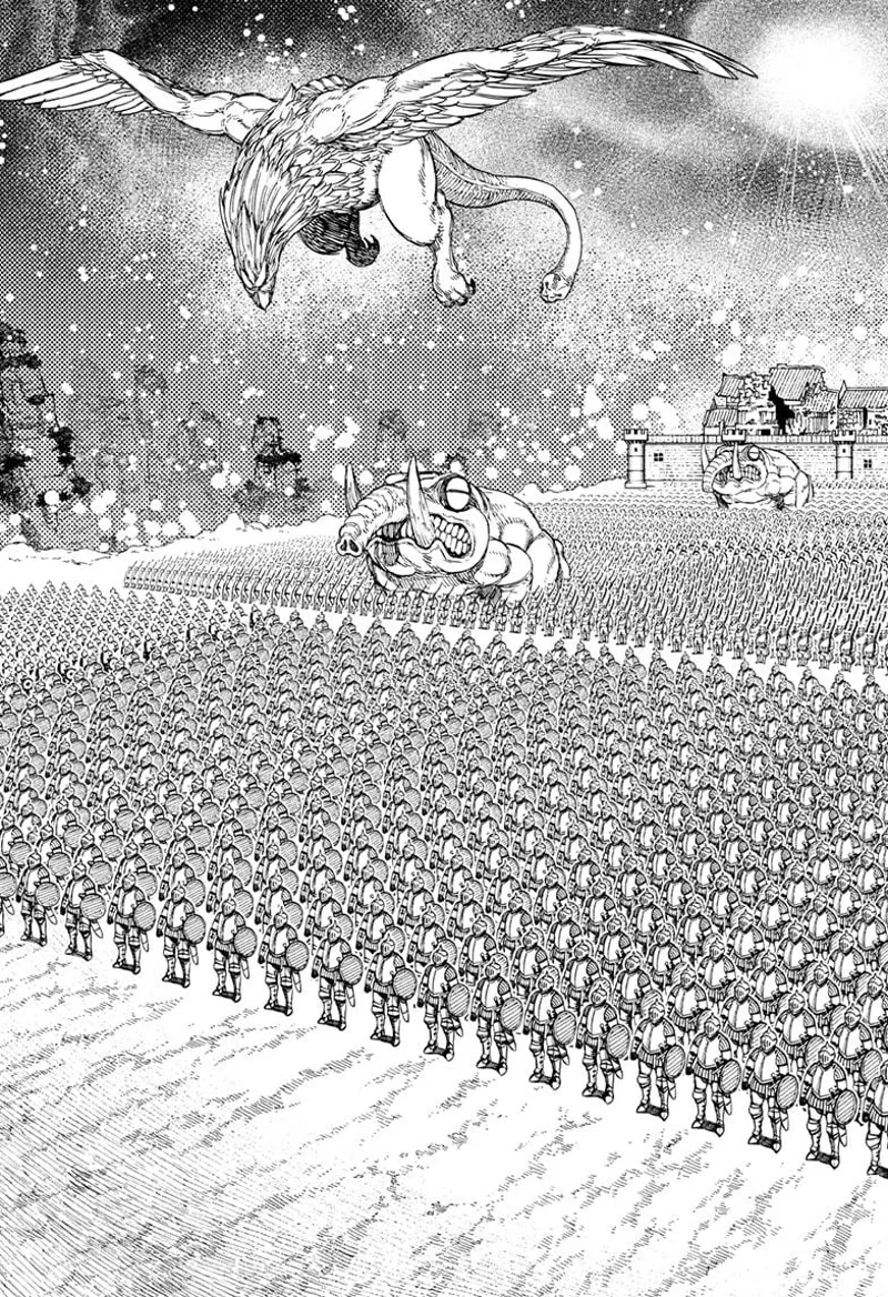 More armies are in formation, and two giant beasts and a flying creature with a muscular body and the head of an eagle are shown.