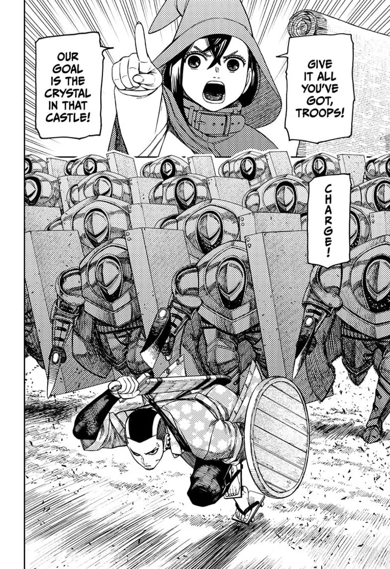 Momo points forward and tells the troops to attack. Zuma leads the way with his sword and shield.