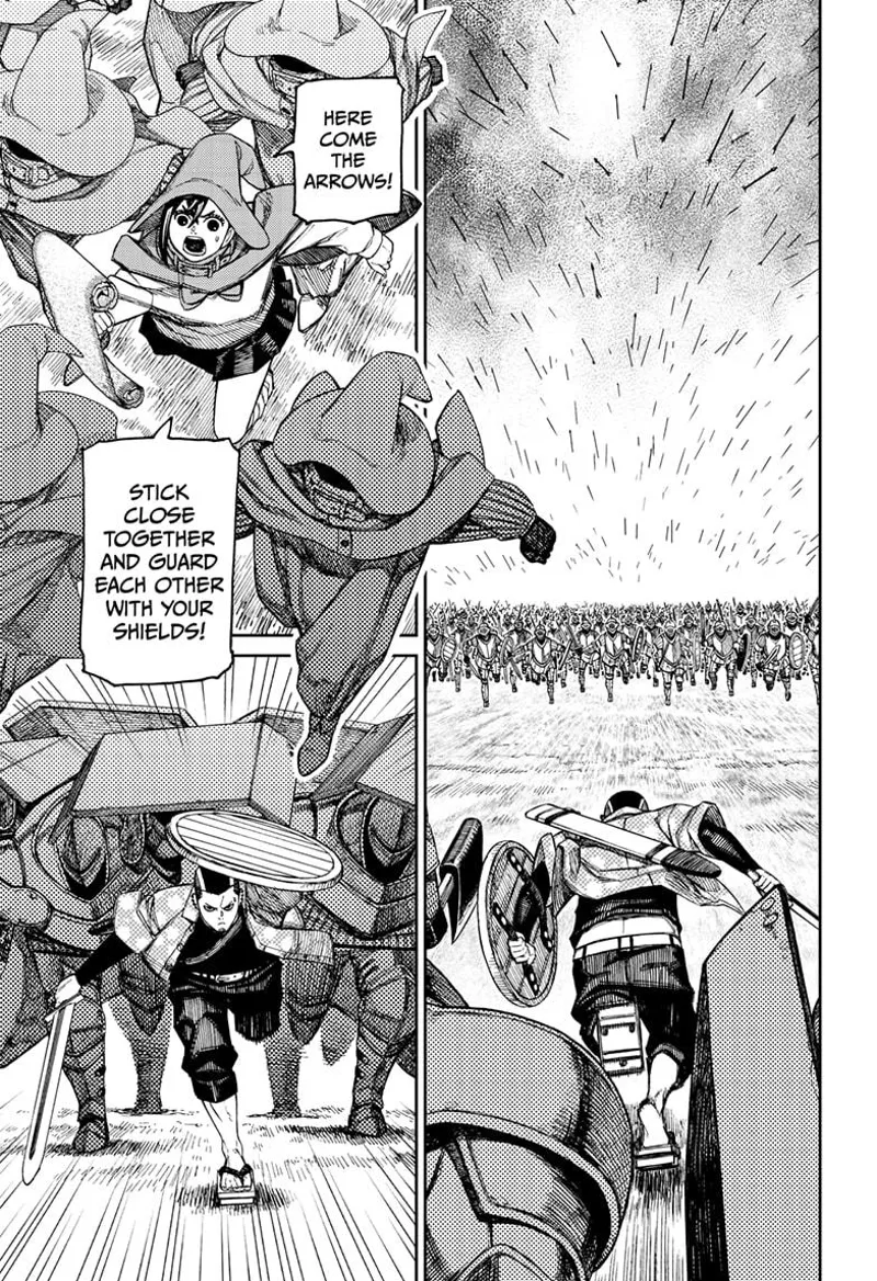 Zuma sees arrows flying above them as they are about to clash with the enemies. Momo runs dashes with the mage.