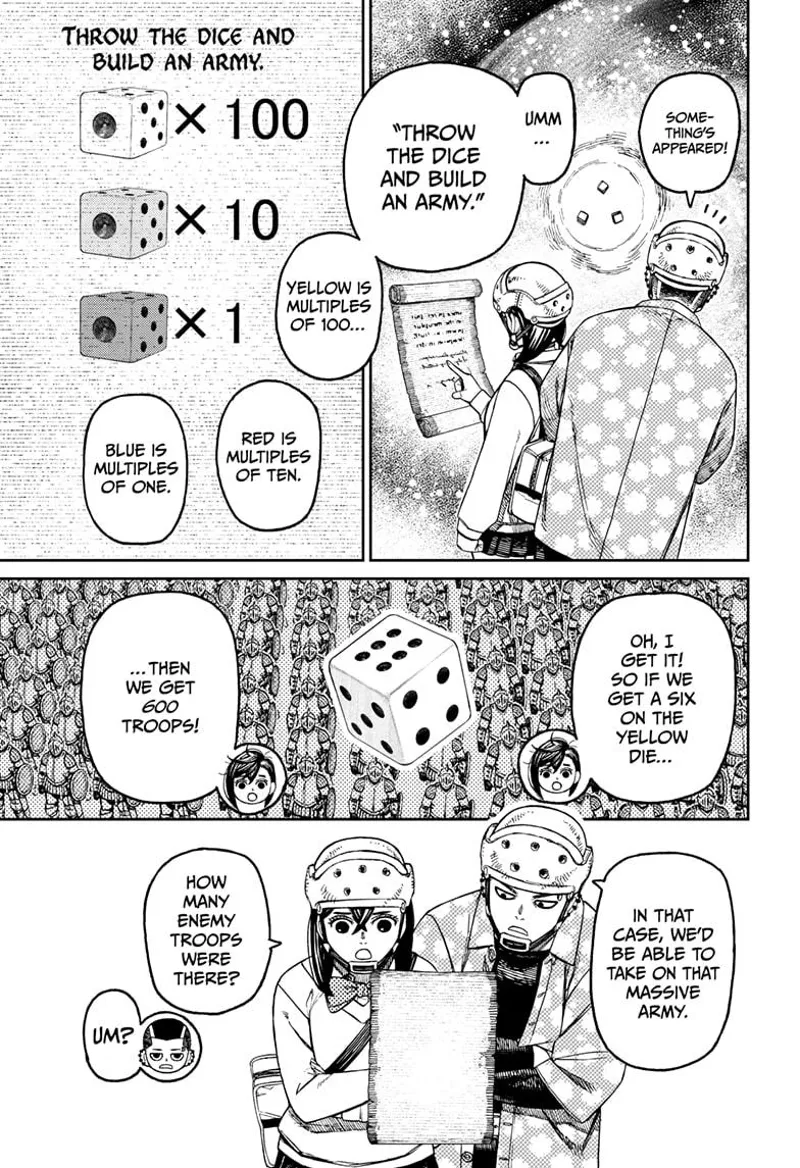 Momo reads the scroll and discovers throwing the three dice can help them build an army. She analyzes the game.