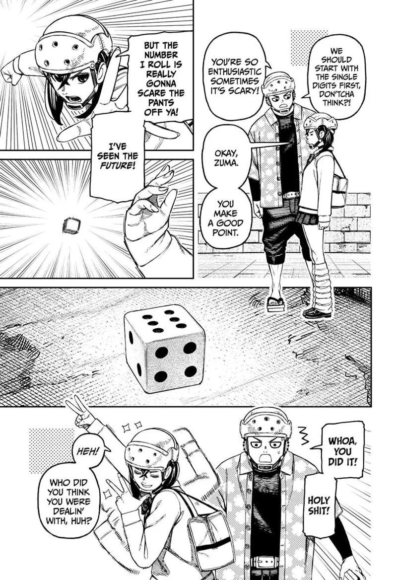 Momo rolls the dice, and it shows six dots. Zuma is impressed, while Momo is proud.