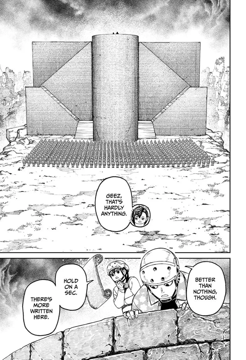 Zume looks down below and sees 200 troops in formation below them. Momo keeps reading the scroll.