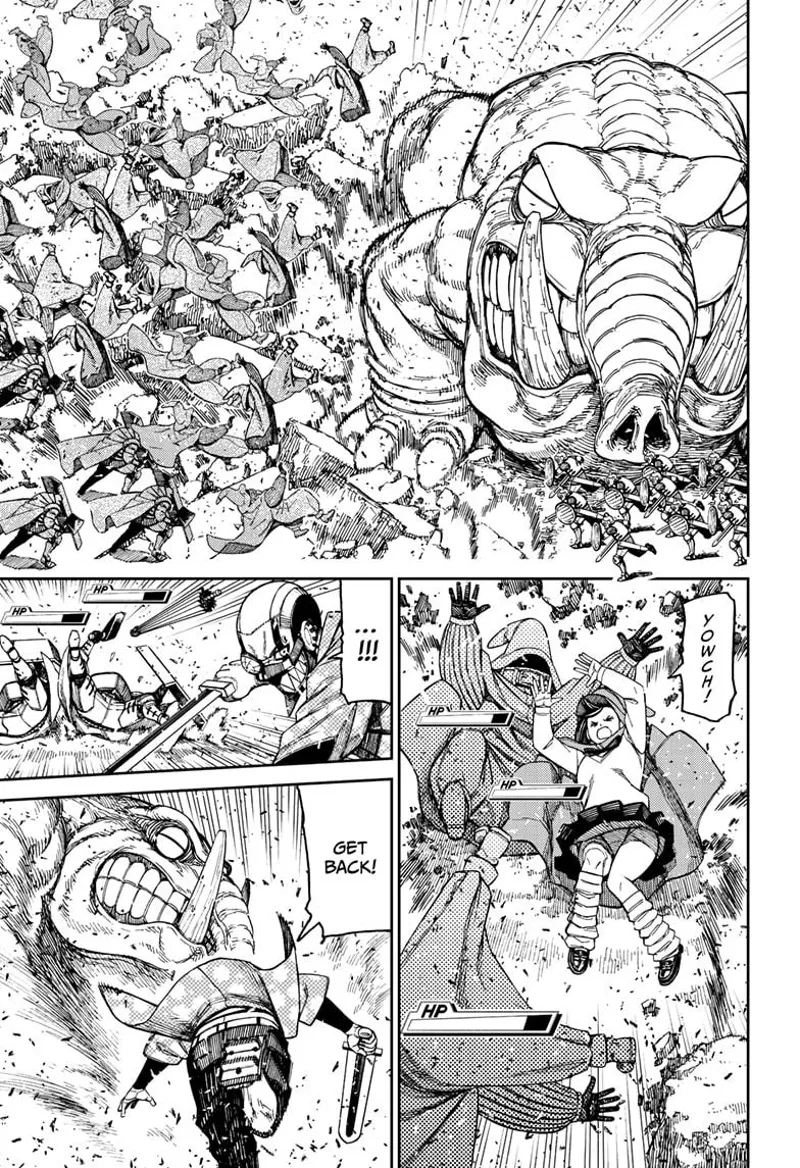 The huge monster stomps and throws away Momo and the mages. Zuma dashes towards the monster.