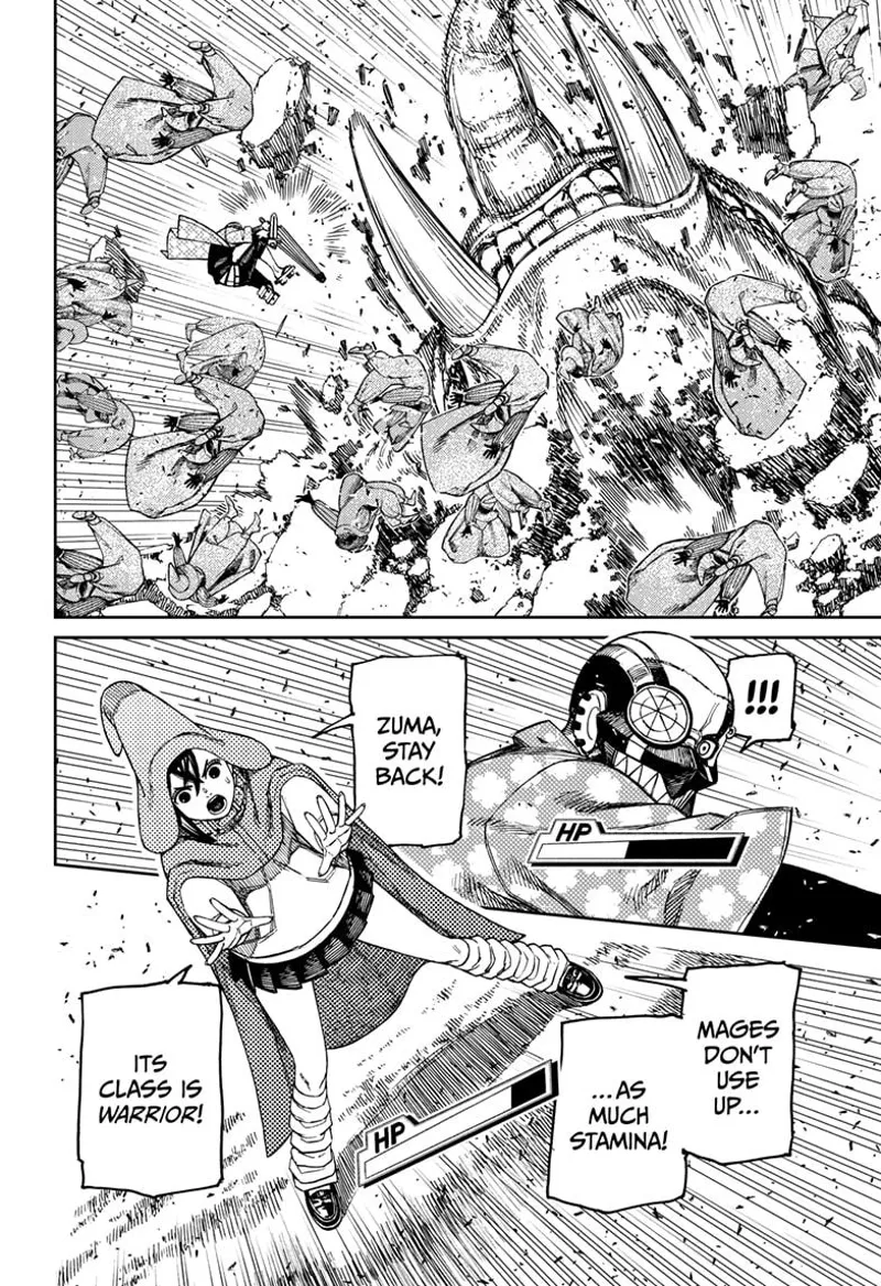 The monster pushes back Zuma, whose health is now less than half. Momo tells him to retreat, as the monster is warrior-type.