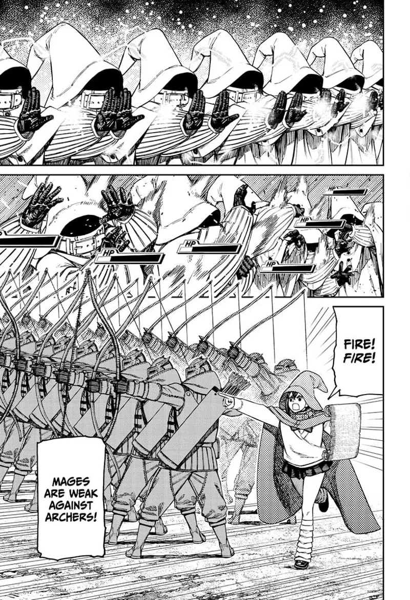 The enemy mages start conjuring their powers but get severely struck after Momo tells her archers to fire at them.