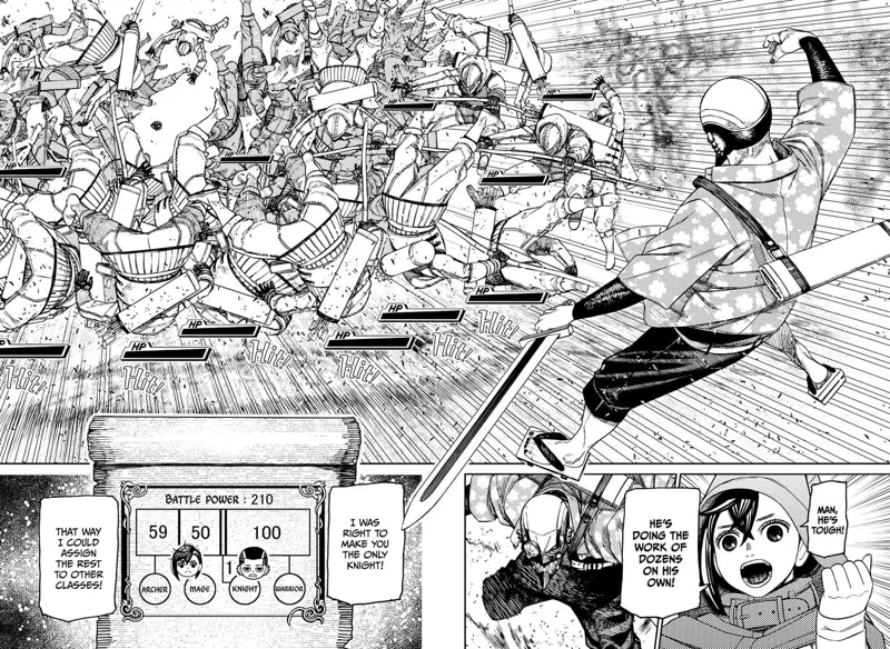 Cursed Zuma easily defeats dozens of enemy archers on his own. Momo is happy at Zuma's feat.