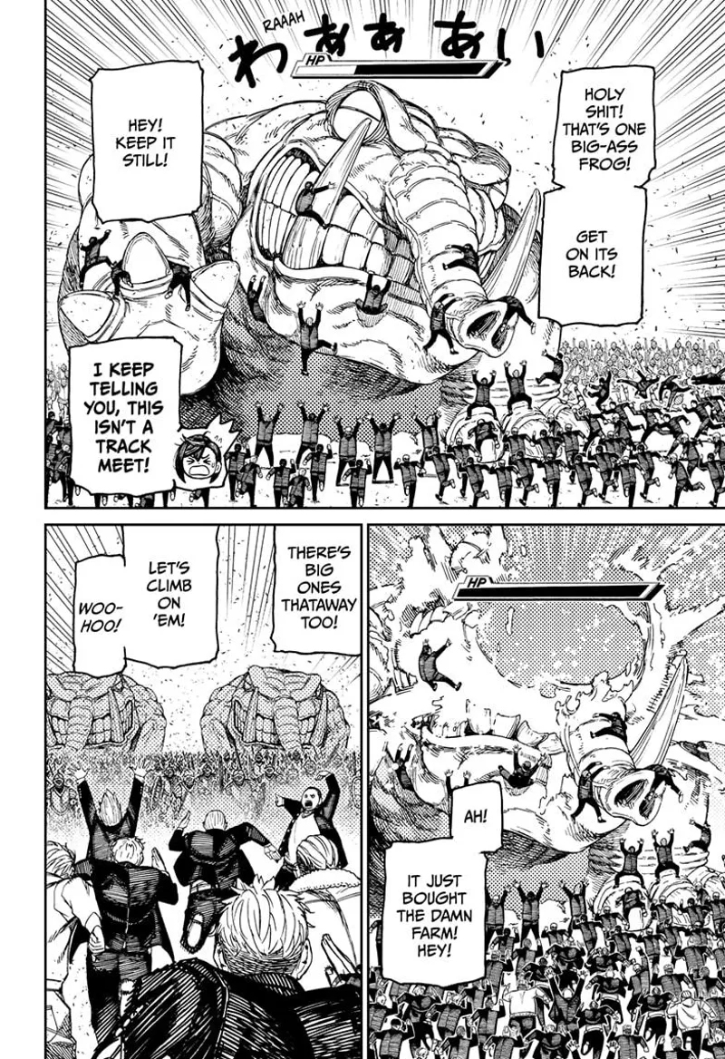 The thugs climb on the ground beast and destroy it. Then, they run forward to attack more ground beasts.