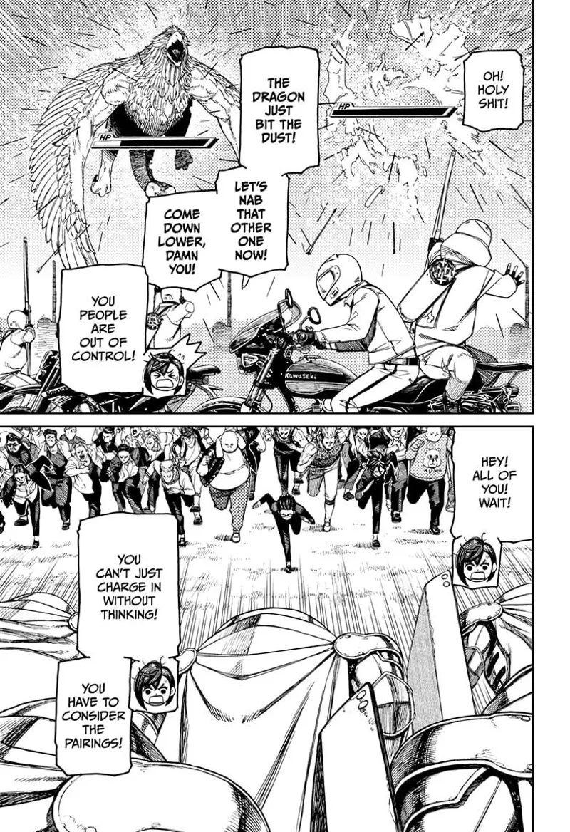 The motorcycle thugs defeat the dragon and attack the eagle-type monster. The other thugs charge.