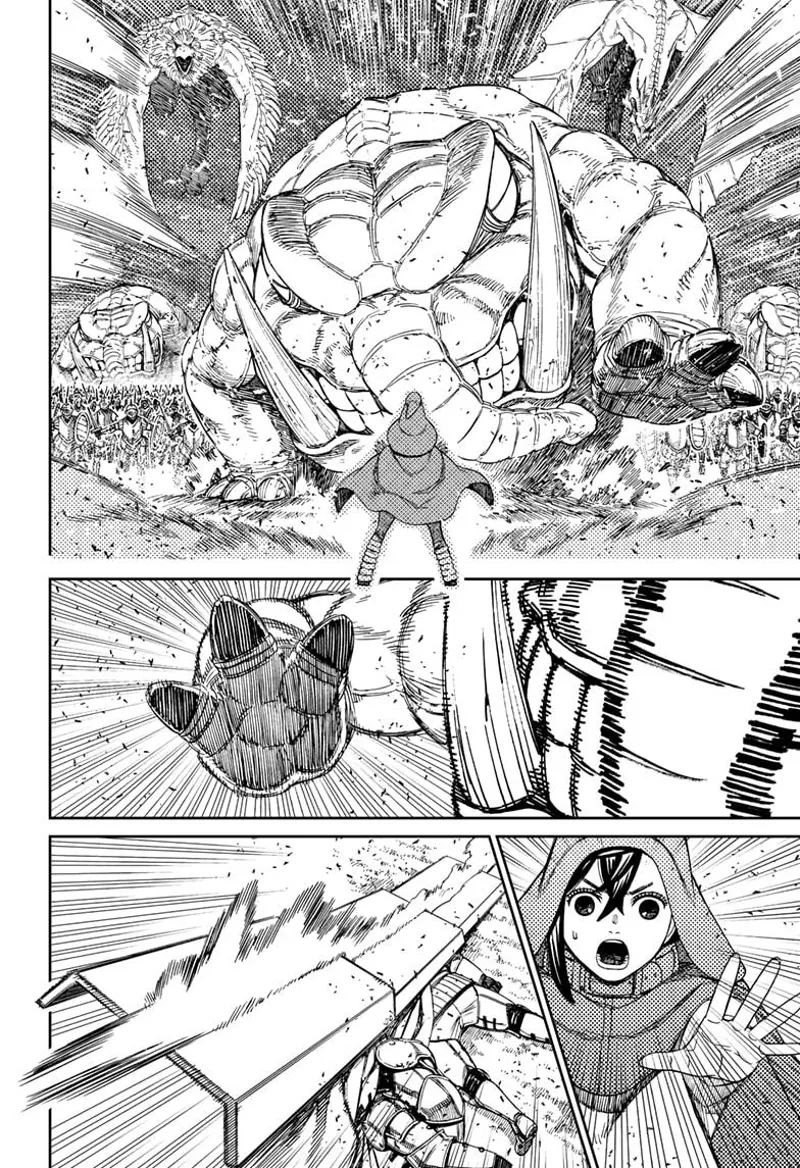 Momo faces the rampaging monster before her. The monster stomps her.