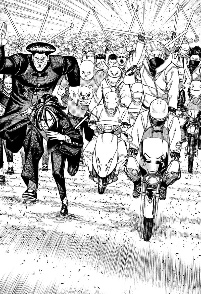 The high school brawlers and thugs from Renjaku High School suddenly appear and join the fight. Some ride motorcycles.