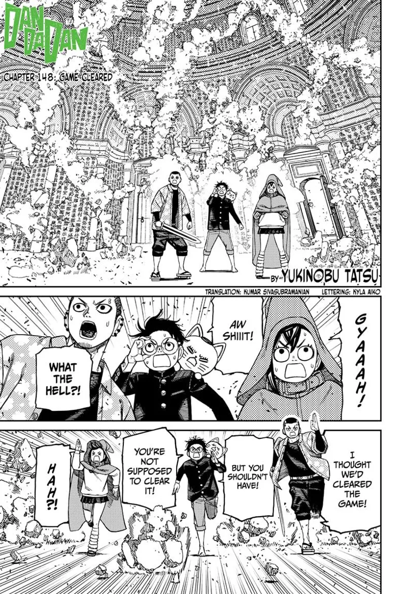 Momo, Okarun, and Zuma are surprised the room is breaking up. They start running.