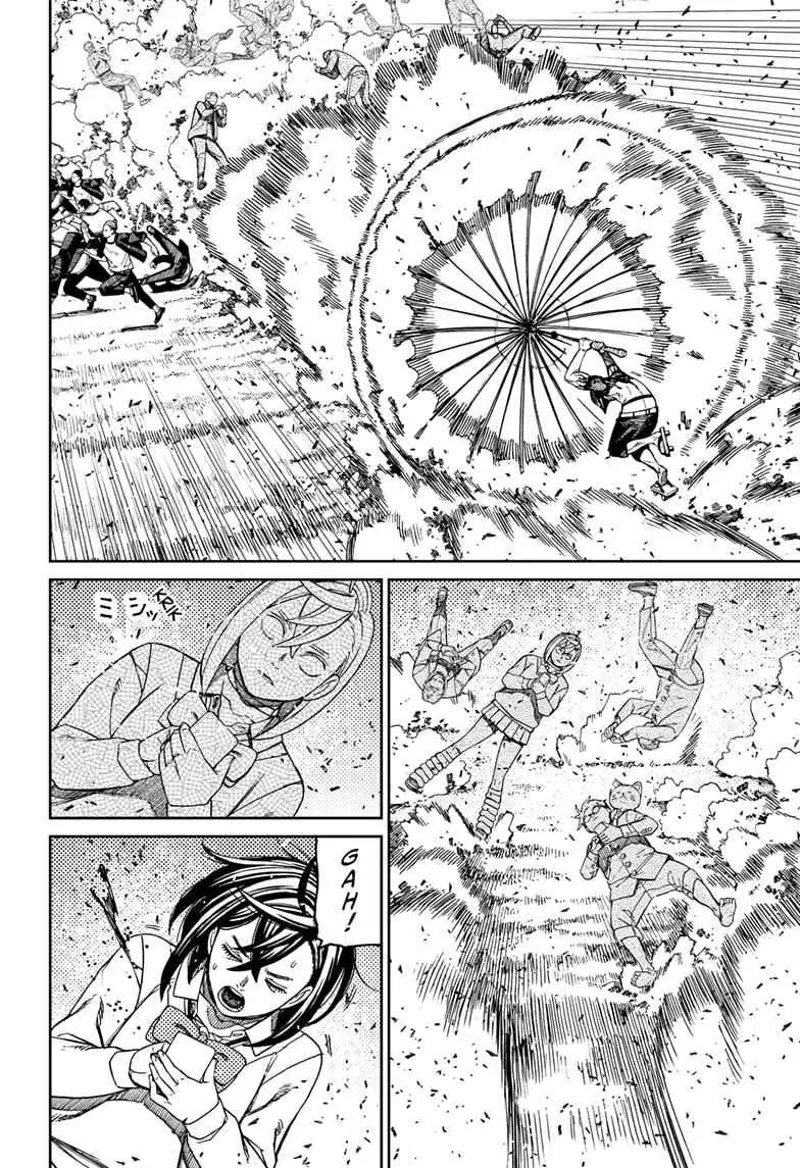 Cursed Zuma fires. Momo, Okarun, Turbo Granny, and the students turn to stone. Momo gets wounded.