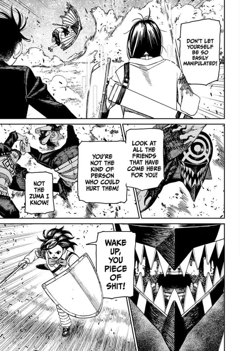 Cursed Zuma keeps attacking. Momo talks to him to get him to wake up. Momo runs with a sword and shield to cursed Zuma.