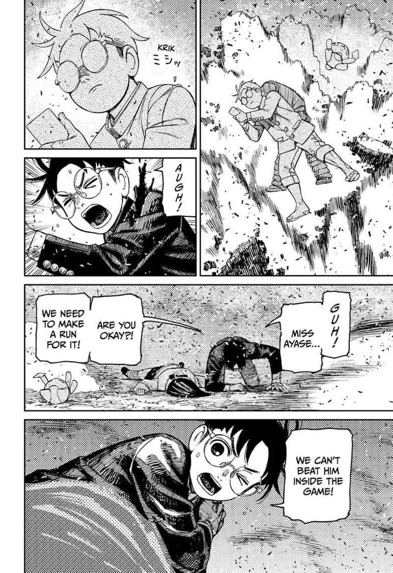 Okarun turns to stone while protecting Momo. They both fall to the ground. Okarun tells Momo to escape.