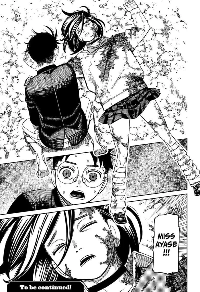 Okarun looks at Momo lying on the ground, all bloody, wounded, and injured.